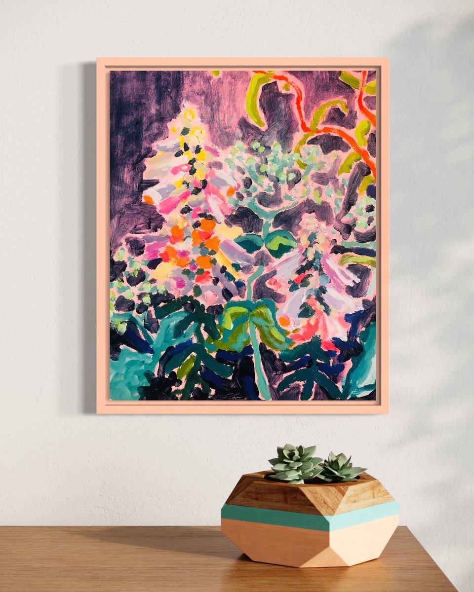 Expressive Botanical Acrylic Painting By Alice Gavin Atashkar, 16 X 20, Pink On Pink Foxglove, Original Artwork