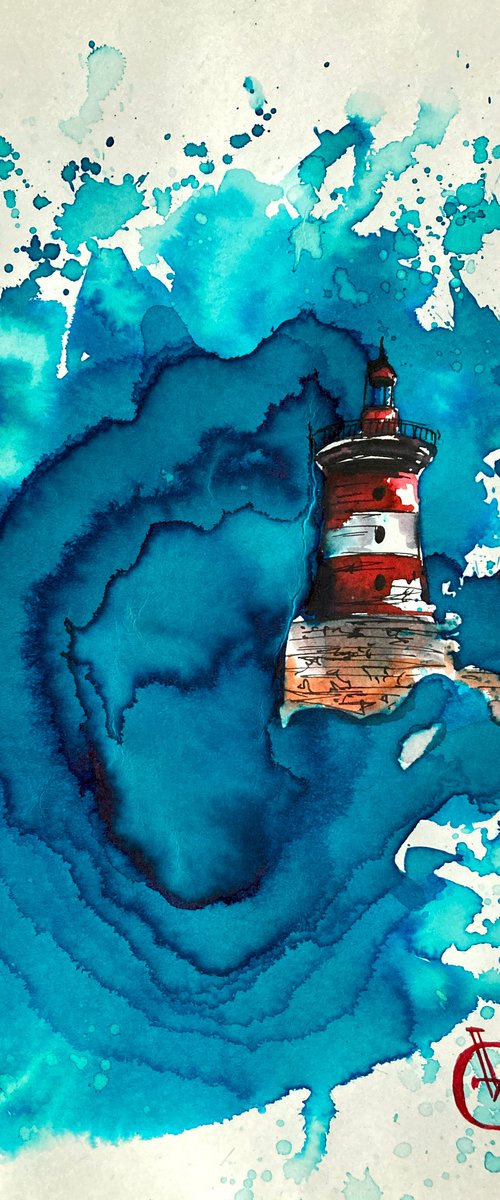 RED AND WHITE LIGHTHOUSE -  series "Red Sails" by Valeria Golovenkina