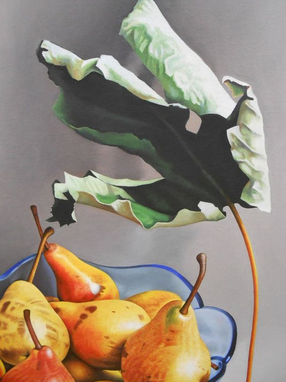 Still Life with a Blue Glass Bowl of Pears and Autumn Leaves