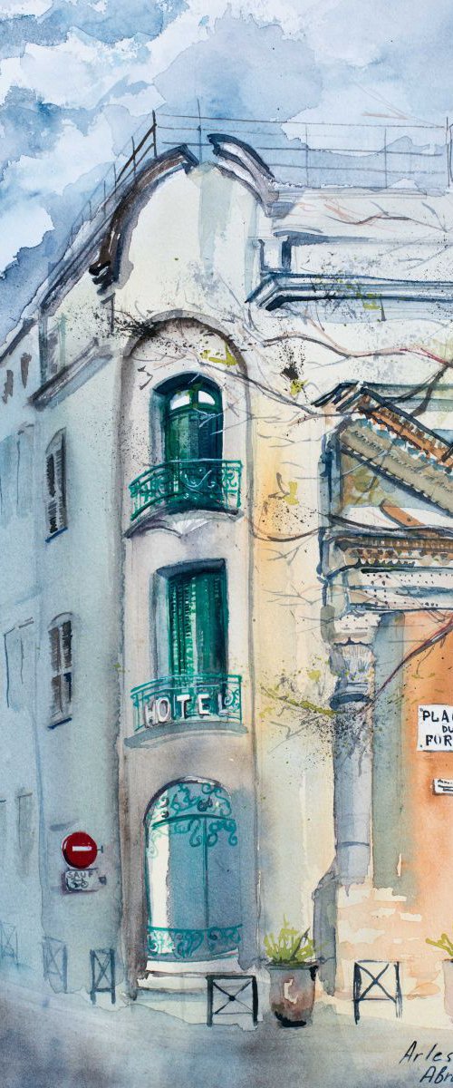 Place du Forum, Arles. Original handmade aquarelle by Marina Abramova