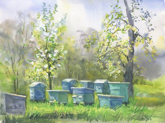 Spring at the apiary / ORIGINAL watercolor 12,2x9,1in (31x23cm)