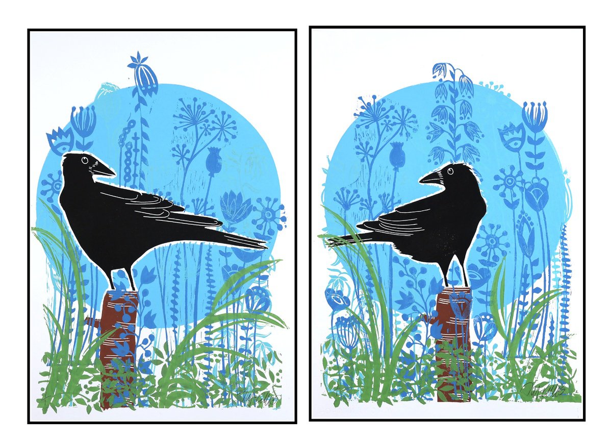 Illustrative Animal Linocut By Mariann Johansen-Ellis, 30 X 22", Crows Wedding, Print Set, Original Artwork