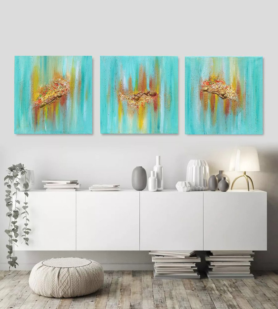 Turquoise Wall Art Triptych, Original Paintings, Hand-painted, Rich ...