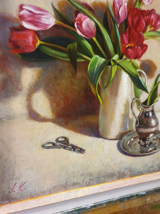 "Spring tulips" still life  metal silver tulip liGHt original painting  GIFT (2019)