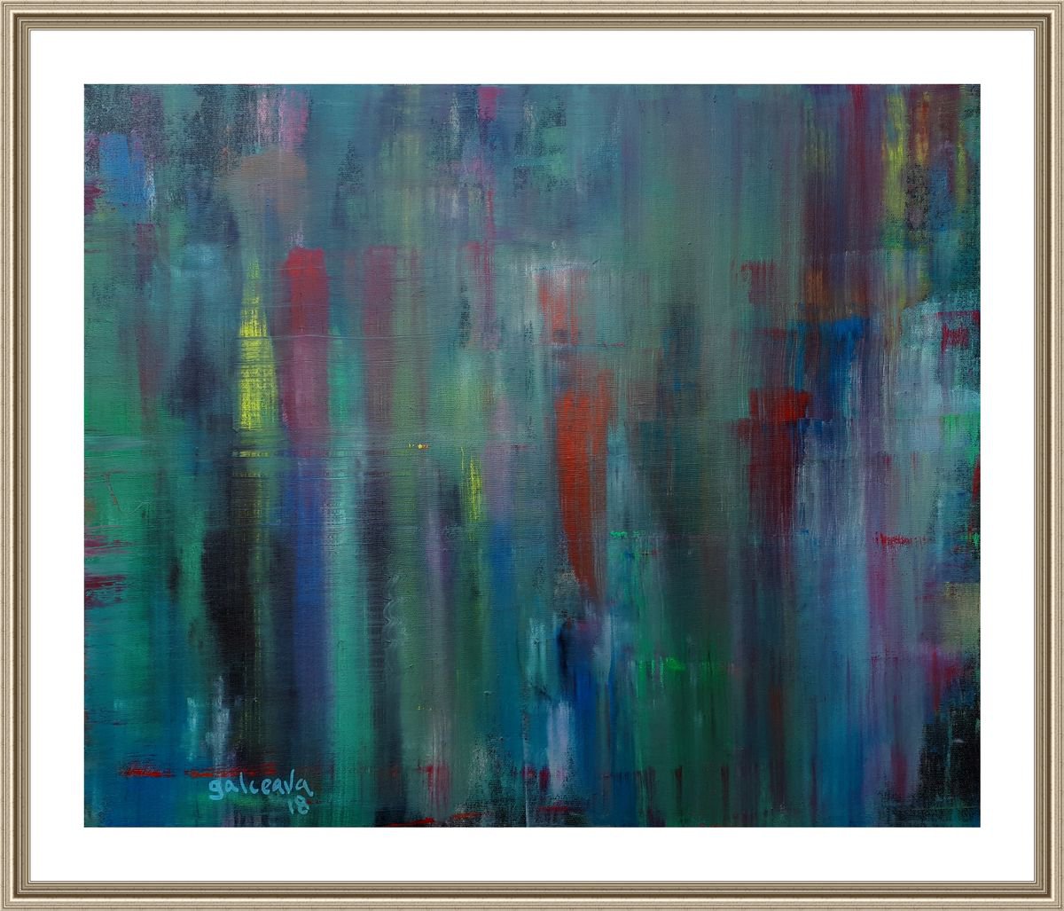 Cascading, Original Abstract Painting, dark colors blue and grays oil canvas by Constantin Galceava