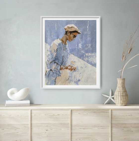 Quiet woman in Blue.