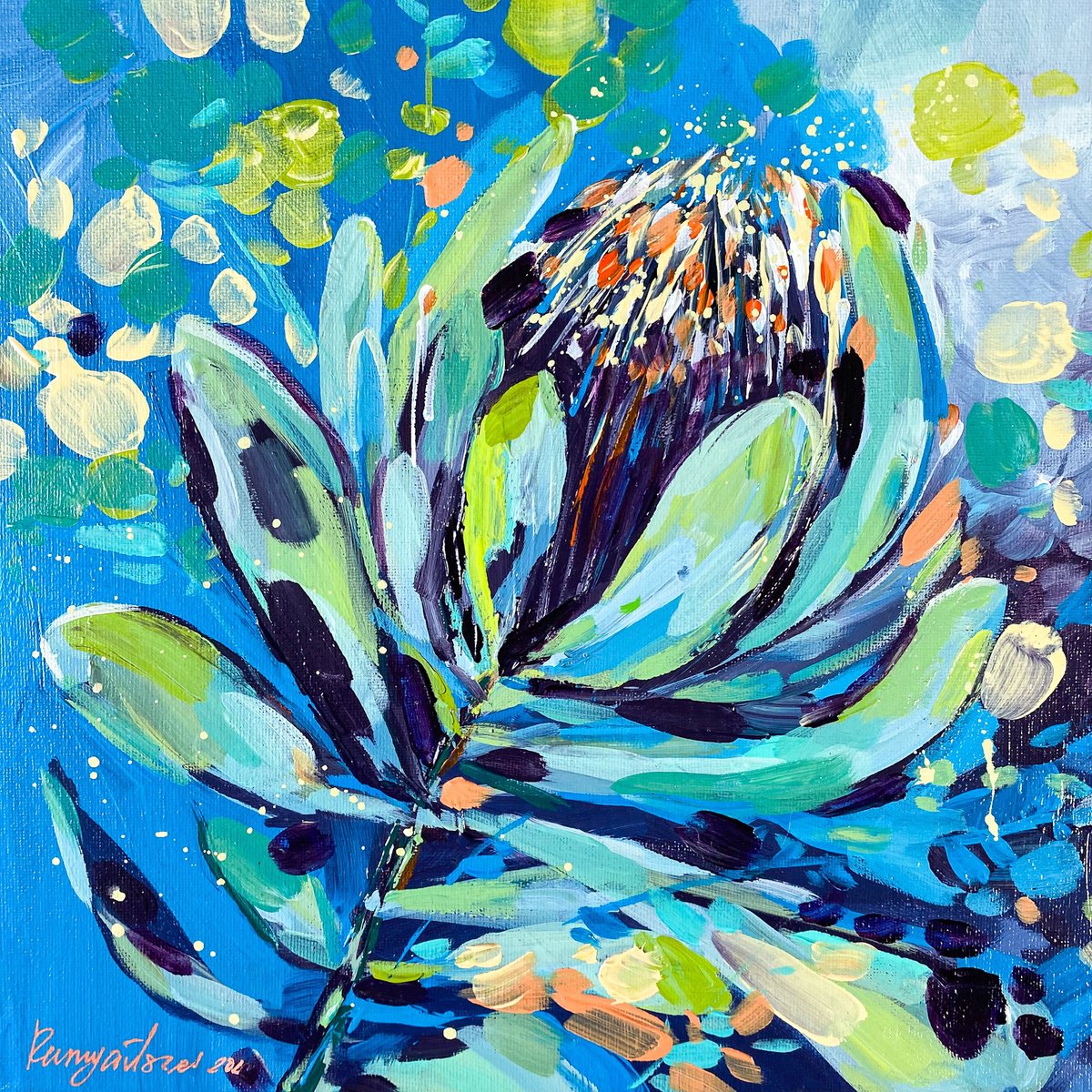 Impressionistic Botanical Acrylic Painting By Irina Rumyantseva, 12 X 12, Flower In Bloom, Original Artwork