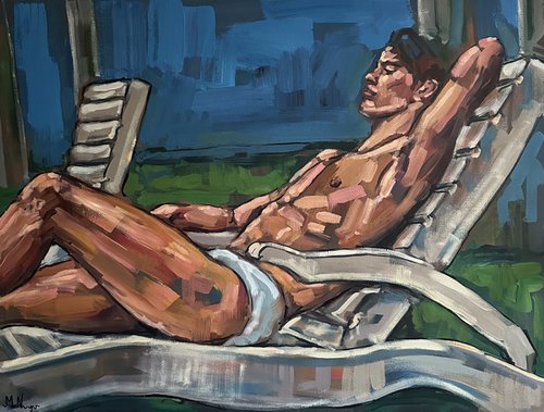 Naked man lying on sunbed by Emmanouil Nanouris