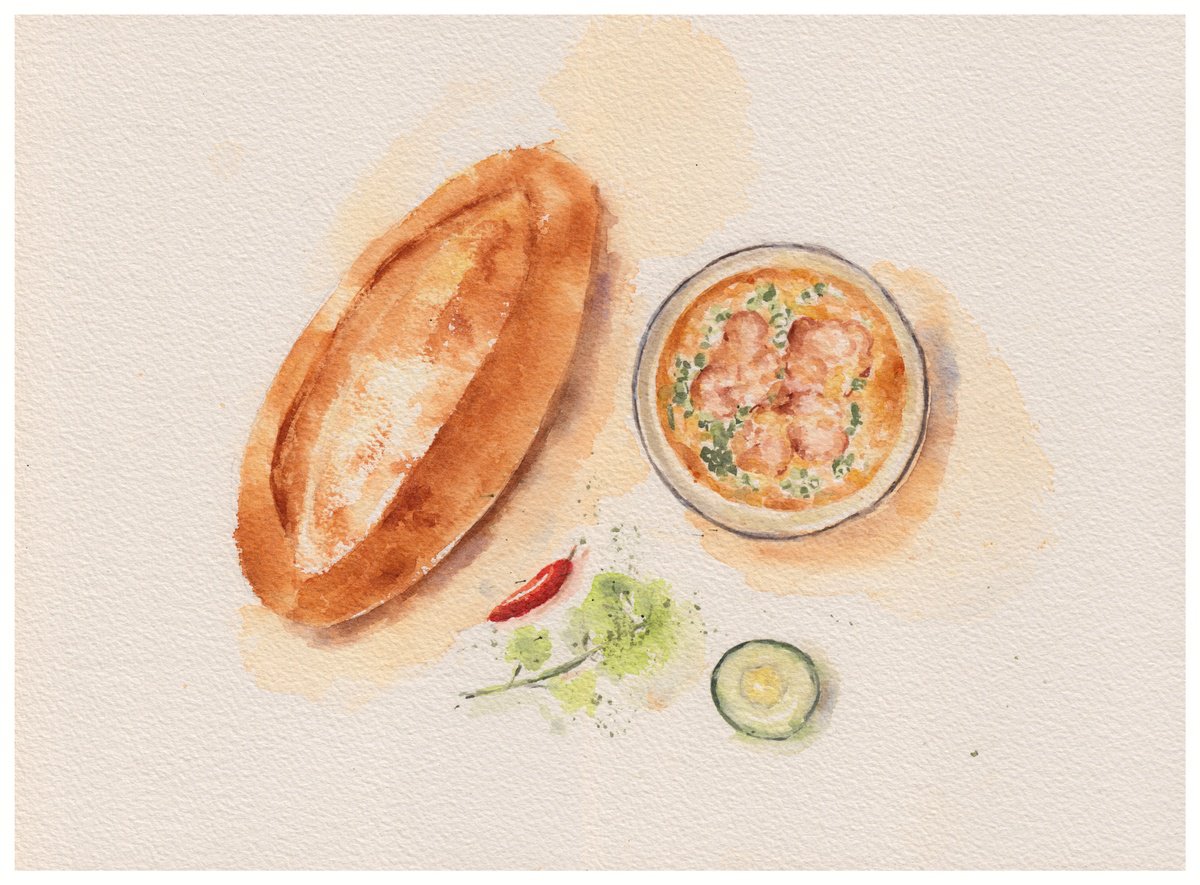 Still Life Watercolour By Hua Le, 15 X 11, Banh Mi With Meatballs, Original Artwork