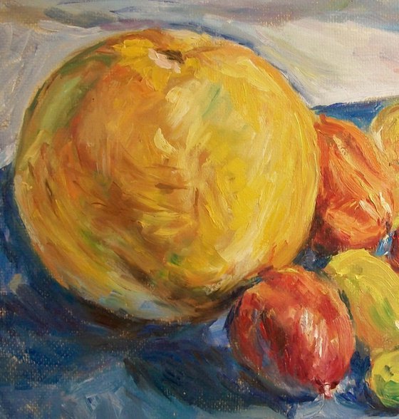 Still life with melon and tomatoes. Oil on MDF. 39X30 cm.