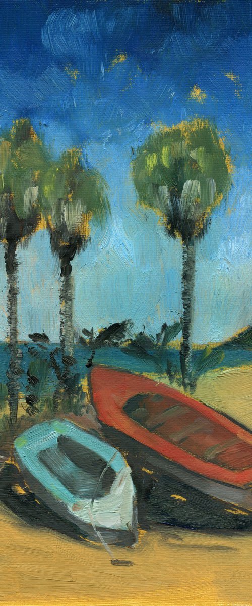 Twin Boats Under Palms by Anja Rudko