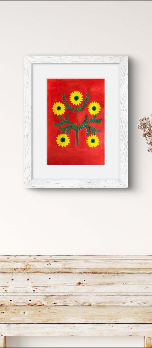 Decorative Sunflowers on Red by Ihnatova Tetiana