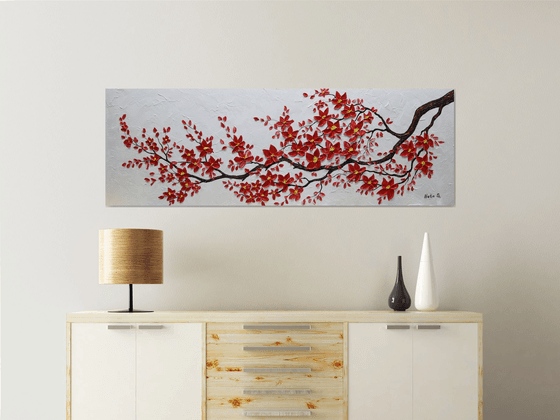 Original Red Cherry Blossom Painting, Abstract Blossom Tree Art, Impasto Floral Art