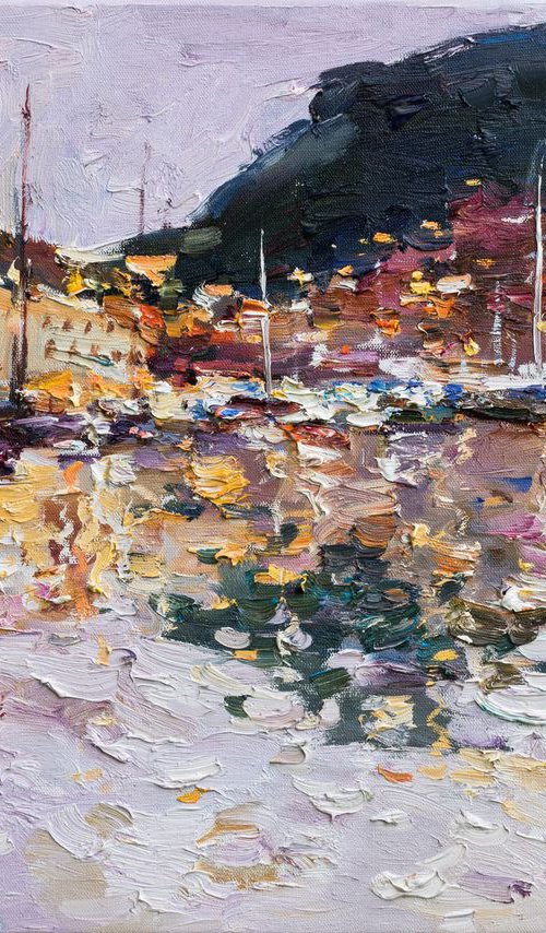 Sailing yachts in Monaco bay - Original oil painting by Anastasiia Valiulina