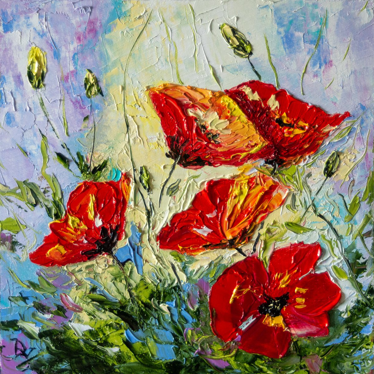 Impressionistic Botanical Oil Painting By Vladyslav Durniev, 12 X 12", Wild Poppies, Original Artwork