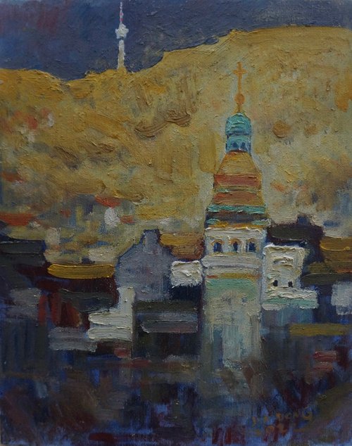 Original Oil Painting Wall Art Artwork Signed Hand Made Jixiang Dong Canvas 25cm × 30cm View from Afar Stuttgart Germany small building Impressionism by Jixiang Dong