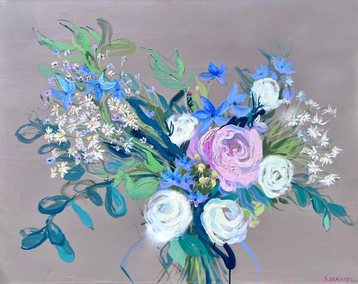 Impressionistic Botanical Oil Painting By Nataliia Karavan, 39 X 31", Summer Flowers - Impressionistic Roses, Chamomiles, Artfinder