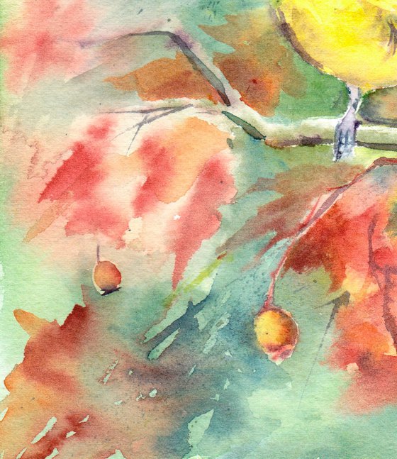 Blue tit amongst autumn foliage, an original watercolour painting