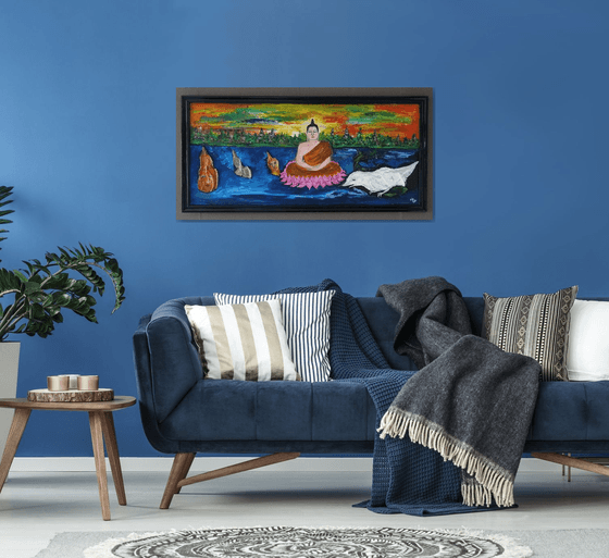 4 Buddha's on the river (Framed artwork)