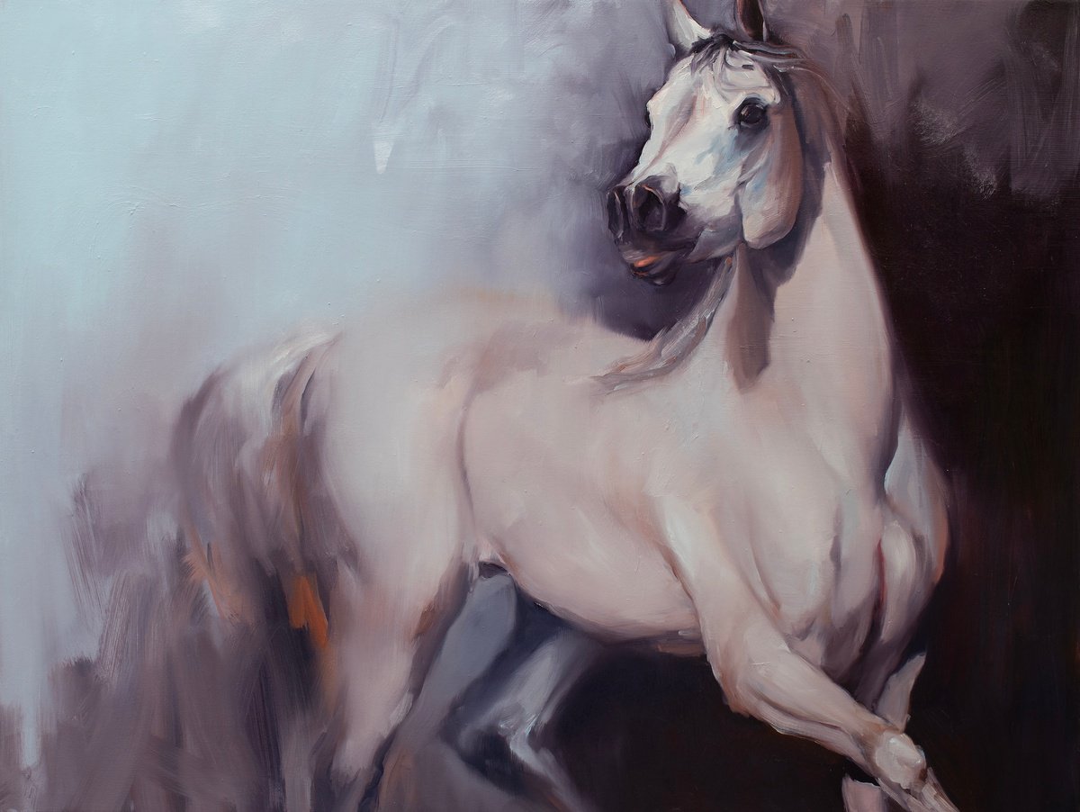 Expressive Animal Oil Painting By Zil Hoque, 48 X 36", Equus Arabicus I, Original Artwork