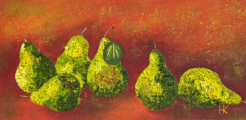 Pear Painting Fruit Original Art Pears Still Life Oil Artwork Small Textured Wall Art 16 by 8" by Halyna Kirichenko by Halyna Kirichenko