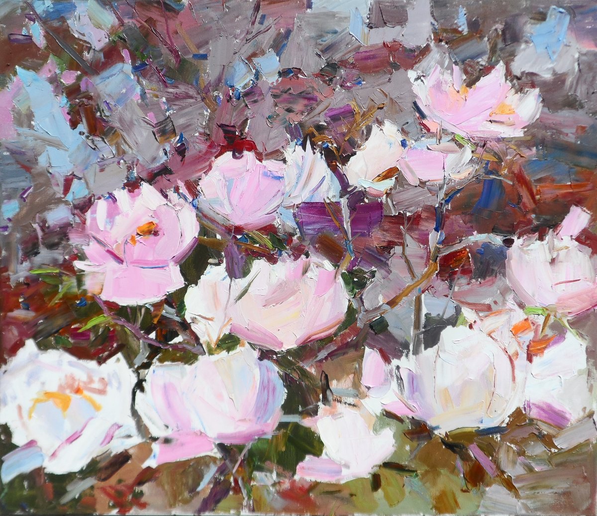 Impressionistic Botanical Oil Painting By Yehor Dulin, 28 X 24", "Tree Peonies", Original Artwork