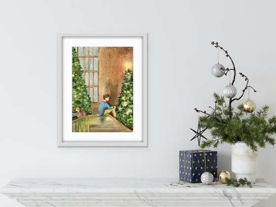 Harry Potter in the Hogwarts Hall. Christmas. Watercolor artwork.