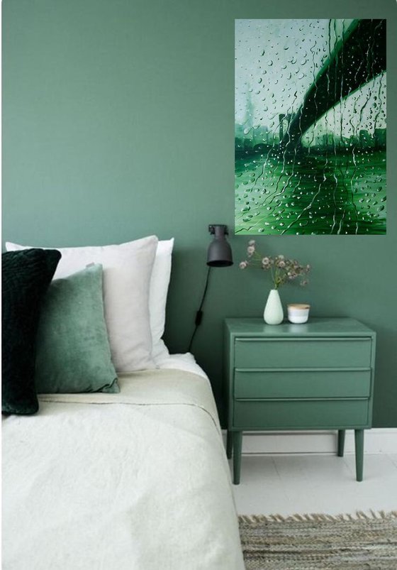 Rain on Brooklyn Bridge - Rain New York Decor Home Office Painting