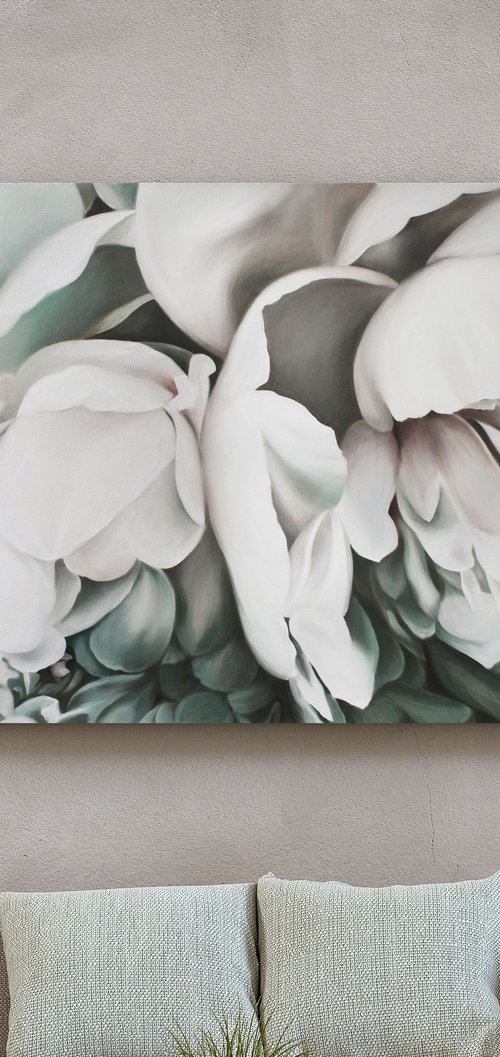 "Tender peonies 2" White flower oil art by Olha