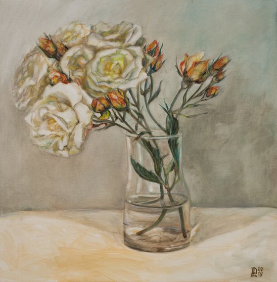 Garden Roses In A Glass Vase