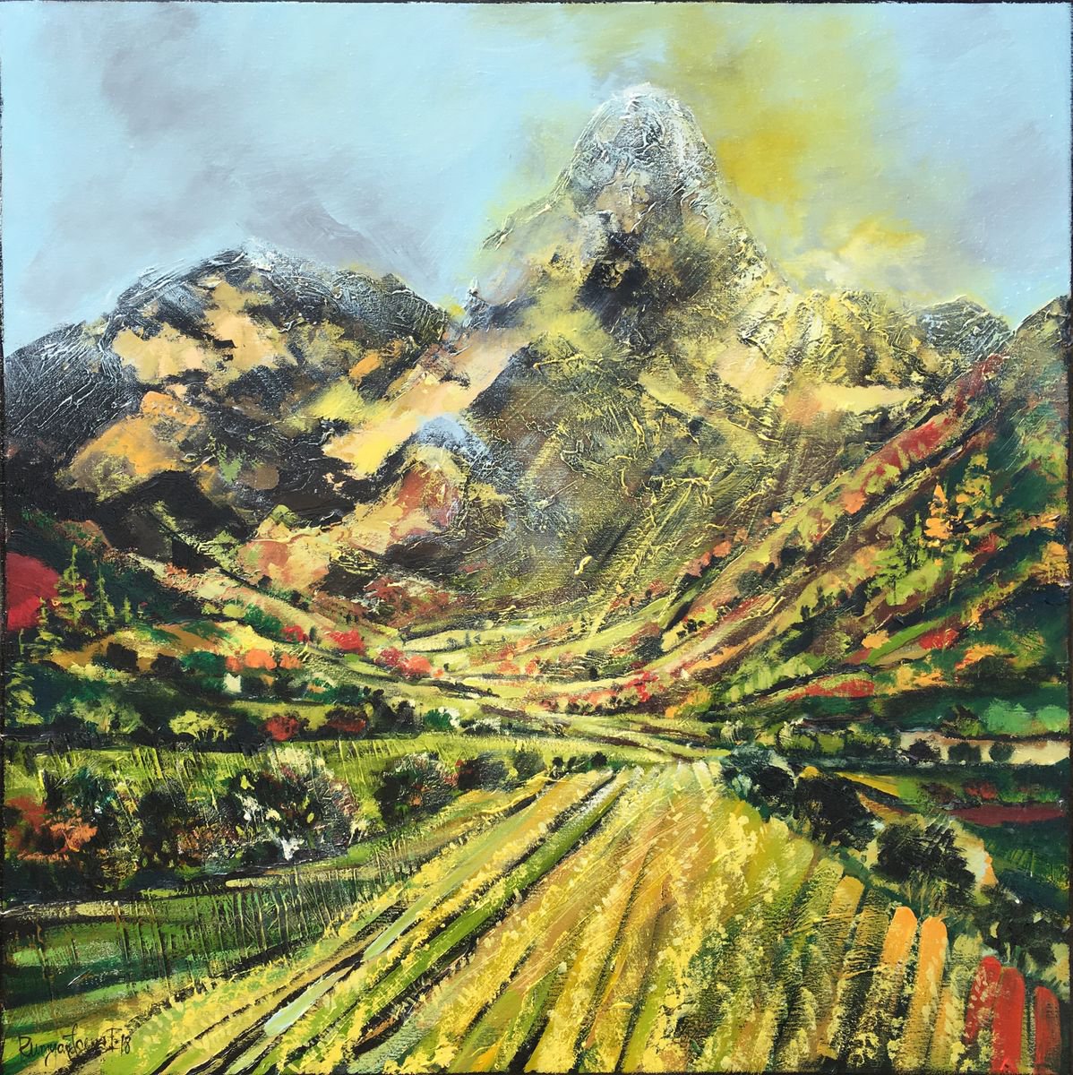 Impressionistic Landscape Acrylic Painting By Irina Rumyantseva, 40 X 40, Mountainside Pasture (Large), Original Artwork