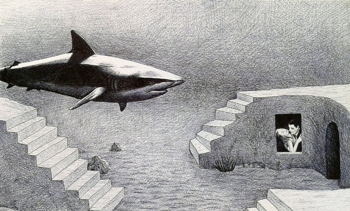 Surrealistic Landscape Ink Drawing By Andromachi Giannopoulou, 10 X 6, Underwater Cinema, Original Artwork