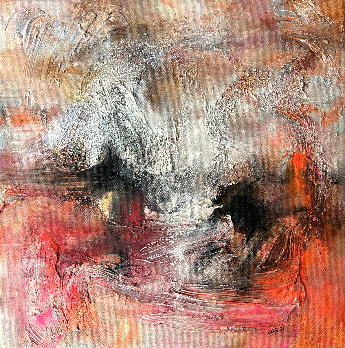 Organic Abstract Painting By Katja Wittmer, 13 X 13", In Bloom, Original Artwork