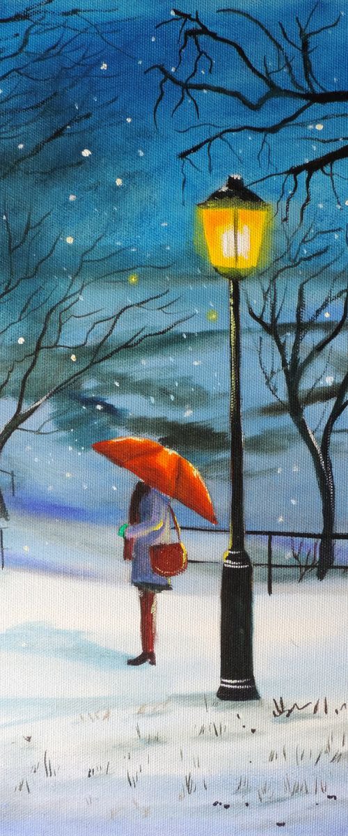 Red umbrella and a streetlamp by Gordon Bruce