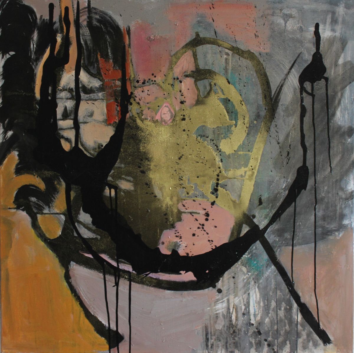 Abstract Acrylic Painting By Sylvie Dodin, 39 X 39", Golden Black, Original Artwork