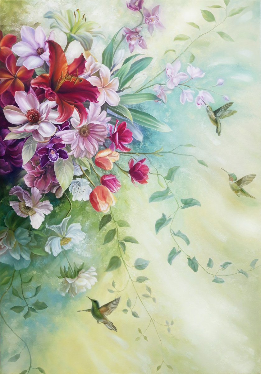 Magic of the Spring, floral oil painting, flowers art with birds by Anna Steshenko