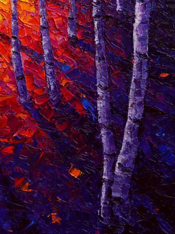 ASPEN FOREST GLADE AT SUNRISE birches trees palette knife landscape modern impressionist oil painting