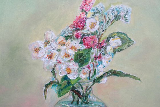 Summer dreaming - Romantic Traditional Impressionistic not Abstract Prizewinning Medium-sized Ligt Green Pink Special Gift Idea Country Flowers Oil Painting 15,8x15,8 in. (40x40 cm)