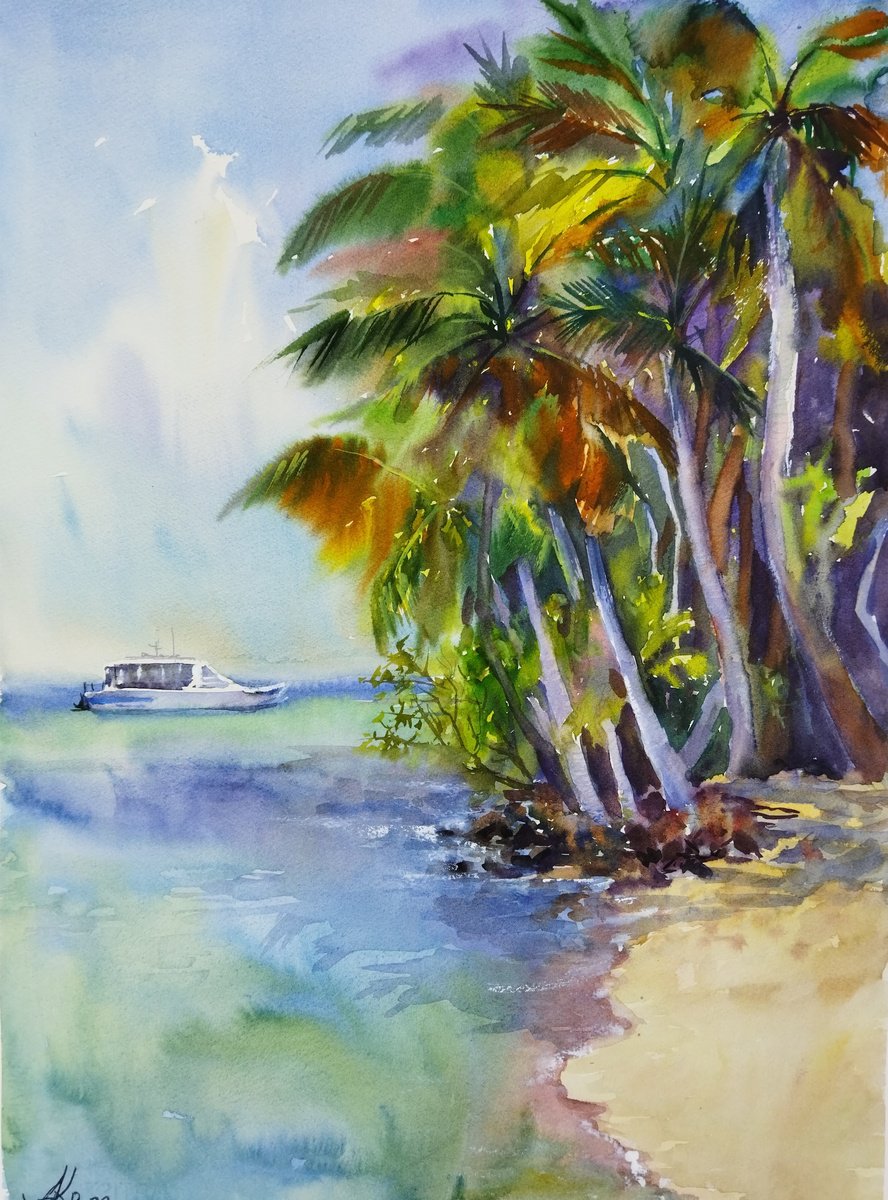 Impressionistic Landscape Watercolour By Ann Krasikova, 16 X 22, Tropical Breeze, Original Artwork