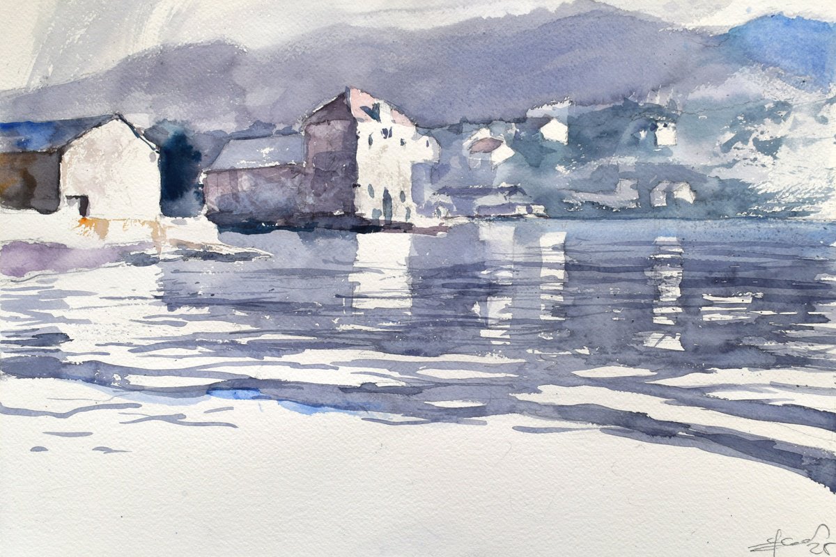 Impressionistic Cityscapes Watercolour By Goran Zigolic Watercolors, 22 X 15, Hvar, Adriatic Sea, Original Artwork
