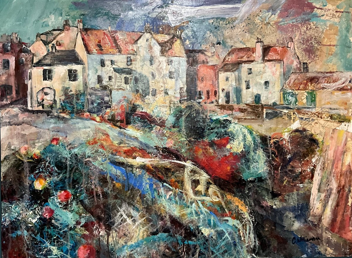 Pittenweem harbour - tangled nets and harbour cottages by Claire Williamson