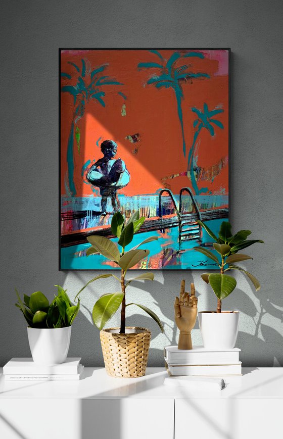 Bright summer painting - "Small swimmer" - Pop Art - Pool - Palms - Landscape - California - Nature - Orange&Blue