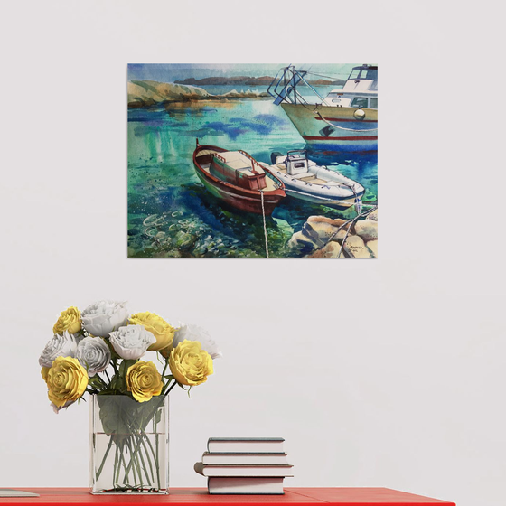 Boats on the island of Sardinia. Seascape. Boats at sea