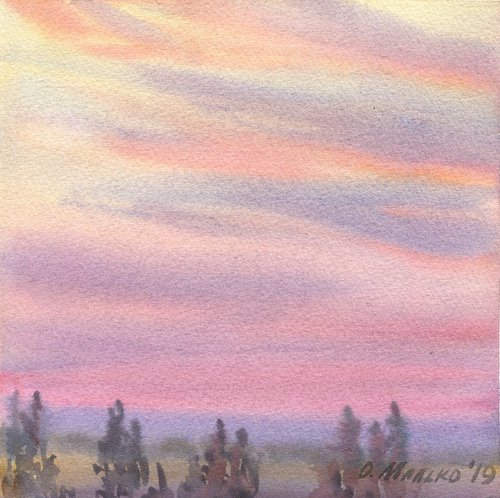 Sky 6 / Calm sunset Skyscape original watercolor Evening horizon by Olha Malko