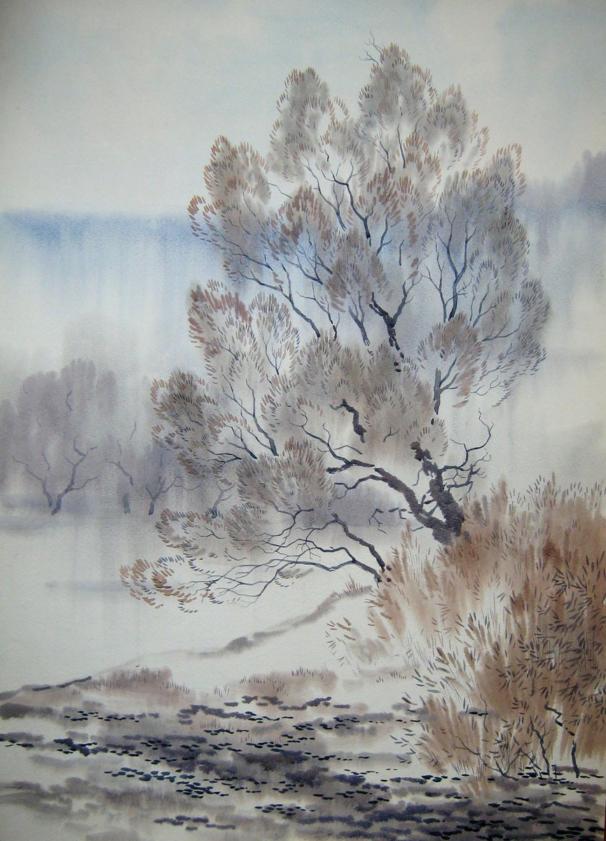 Impressionistic Landscape Watercolour By Valeriy Savenets-1, 20 X 28", In Winter, Original Artwork