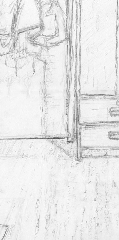Room 6 - Heater and cupboard -pencil drawing by Hugo Lines