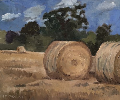 Straw bales in Norfolk. An impressionist oil painting. by Julian Lovegrove Art