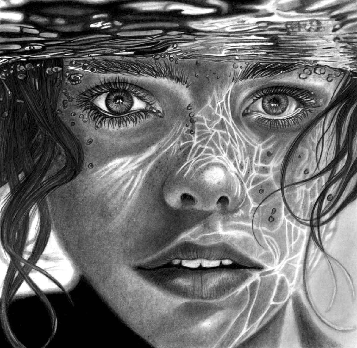 Photorealistic Portrait Pencil Drawing By Paul Stowe, 11 X 11", Underwater Ii, Original Artwork