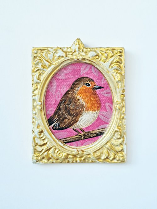European robin, part of framed animal miniature series "festum animalium" by Andromachi Giannopoulou