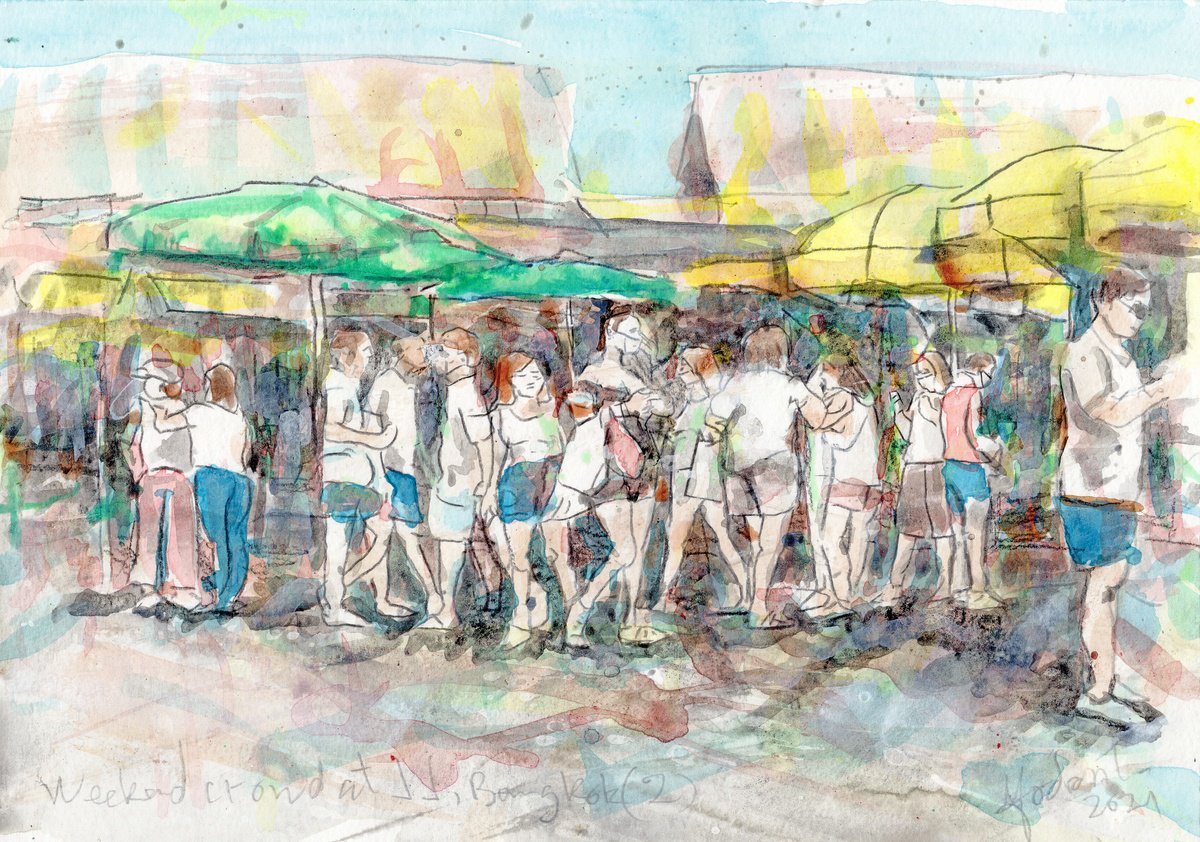Expressive Portrait Painting By Gordon T., 12 X 9, Weekend Crowd At Jj, Bangkok 2, Original Artwork